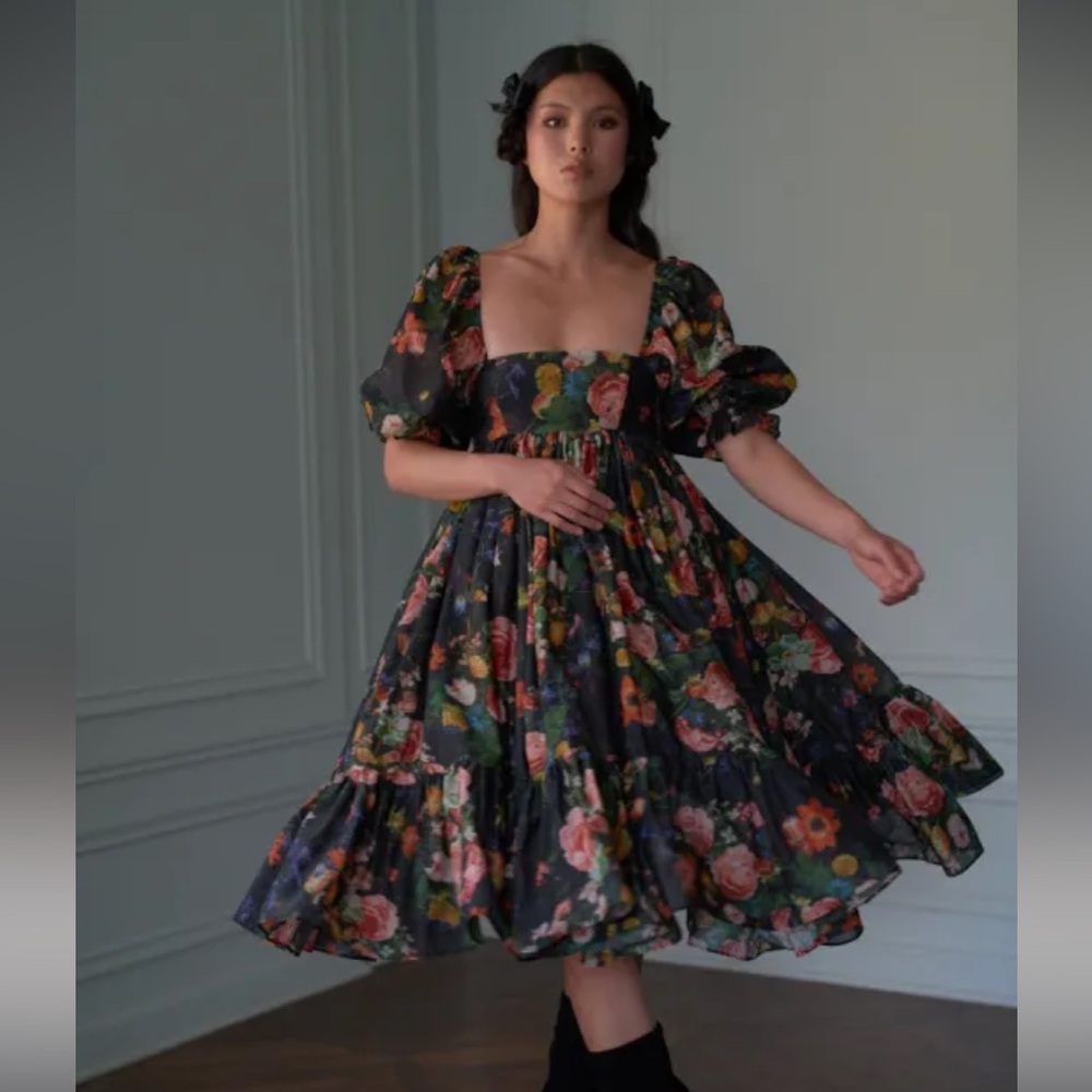 Selkie Nightcap French Puff Midi Dress, Silk & Cotton - XXL